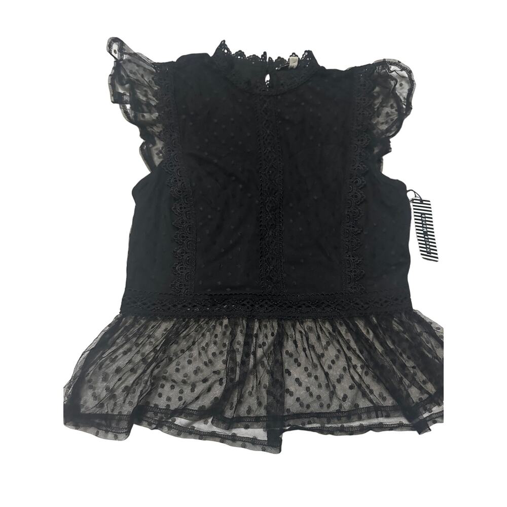 NWT Haute Monde Dark Coquette Lace Peplum Top Sheer Swiss Dot Mock Neck Blouse L